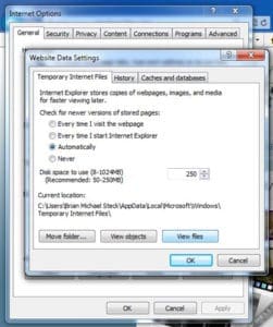 Internet Explorer Temporary Internet Files Window