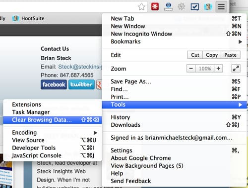 Google Chrome Internet Tools Menu Clear Browsing Data