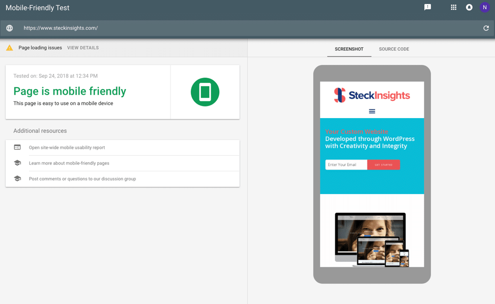 Steck Insights Mobile-Friendly Test Results Google's Mobile Friendly Step 2