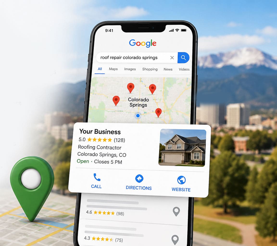 Local Seo Kickstarter Smart Phone With Local Business Search Showing A Map Pin In The Background And Search Results On Google.